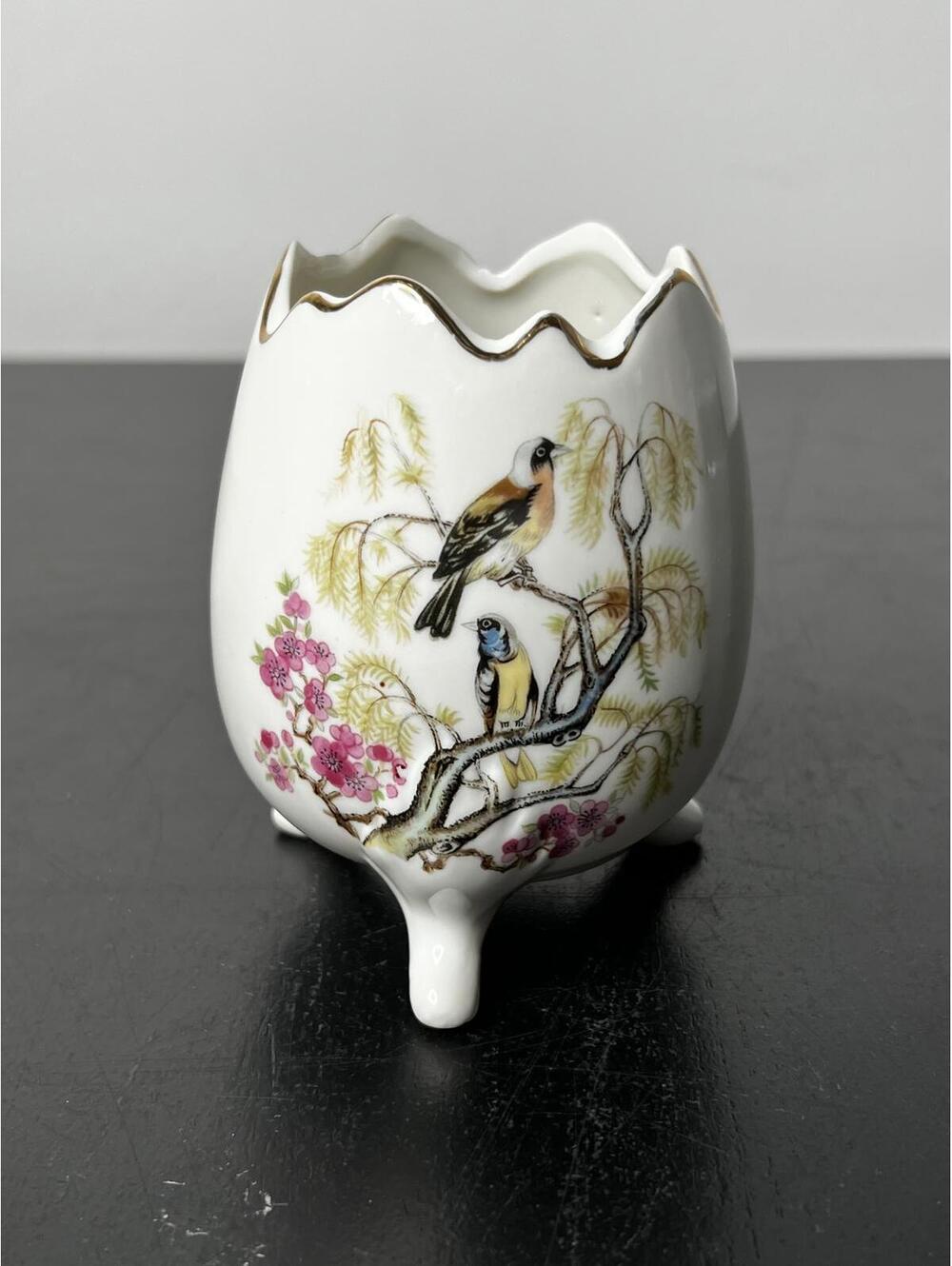 VTG Andrea by Sadek Japan Birds & Florals Egg Vase 3 Footed  4.75" Tall